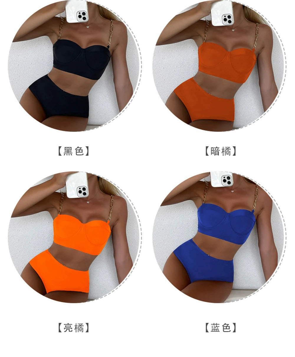 Push Up Bikini Hard Wrap Top Underwire Chain Shoulder Straps High Waist Bottom Swimwear Women Solid Swimming Beach Bathing Suit