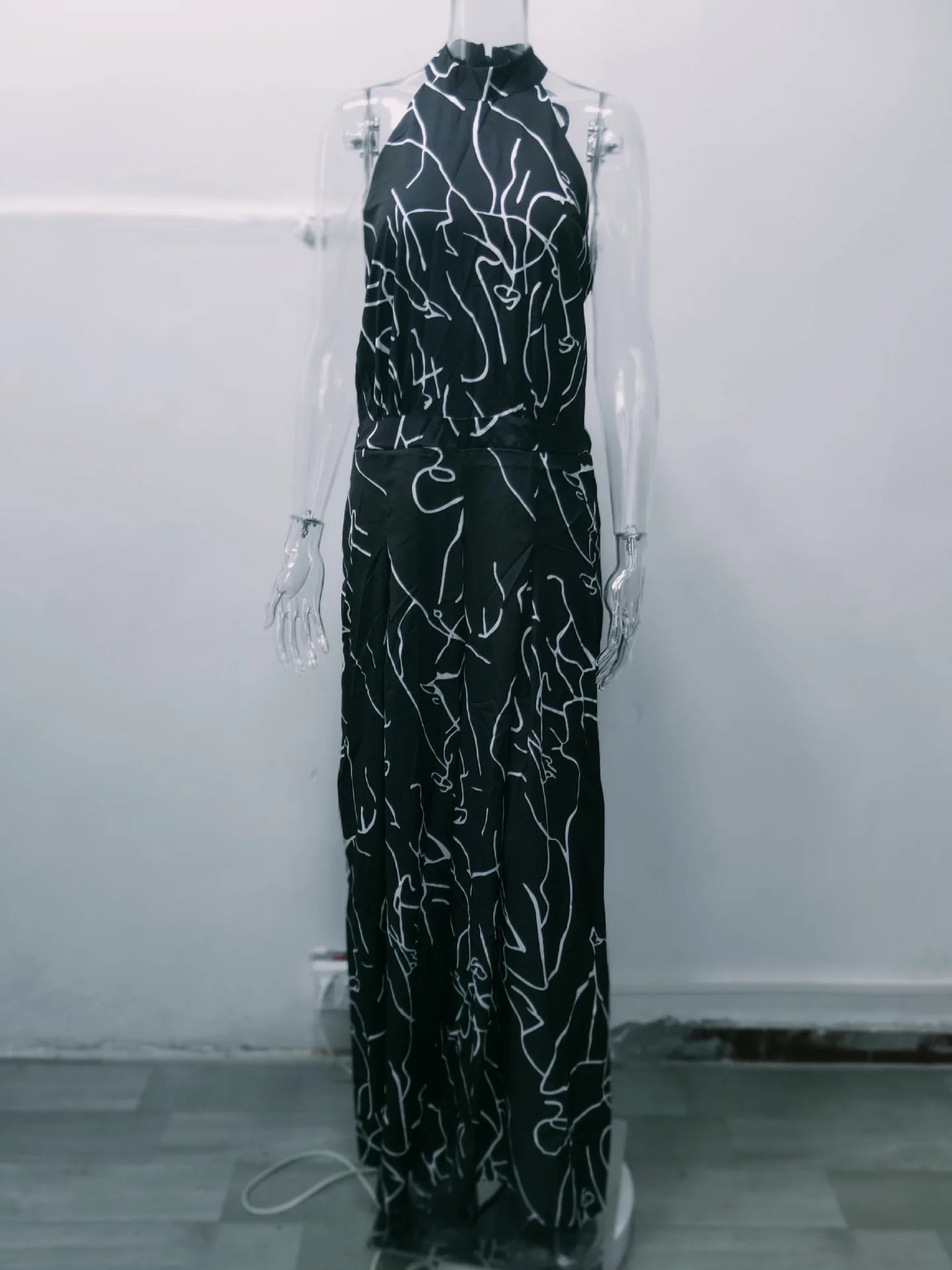Summer European and American women's wear with elegant waist-cinching sash-tie sleeveless off-shoulder long pants printed jumps