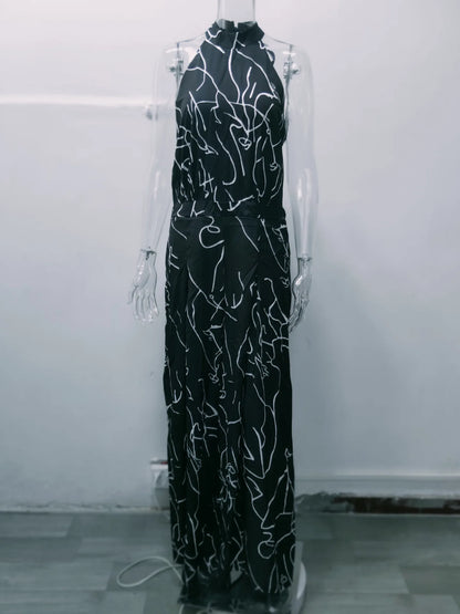Summer European and American women's wear with elegant waist-cinching sash-tie sleeveless off-shoulder long pants printed jumps