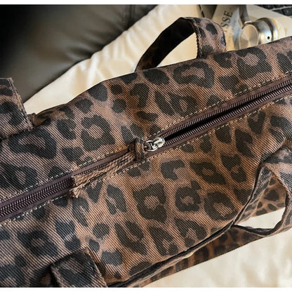 Trendy Leopard Print Canvas Shoulder Bag Large Capacity Fashion Tote Handle Bag for Daily Commute Versatile Texture Storage Bags