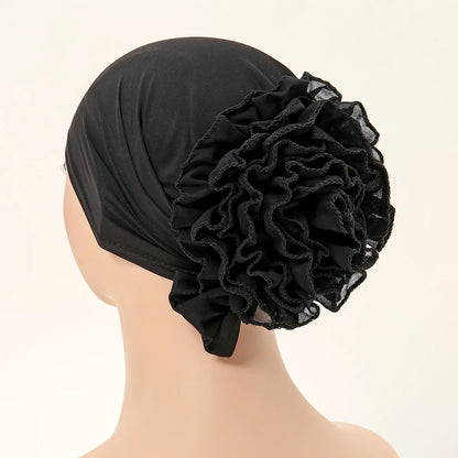 Muslim Women's Hijabs with Lace Chiffon Panhua Solid Color Thin Bottom Hat Islam Head Wrapping Tie Back Turban Female Headband