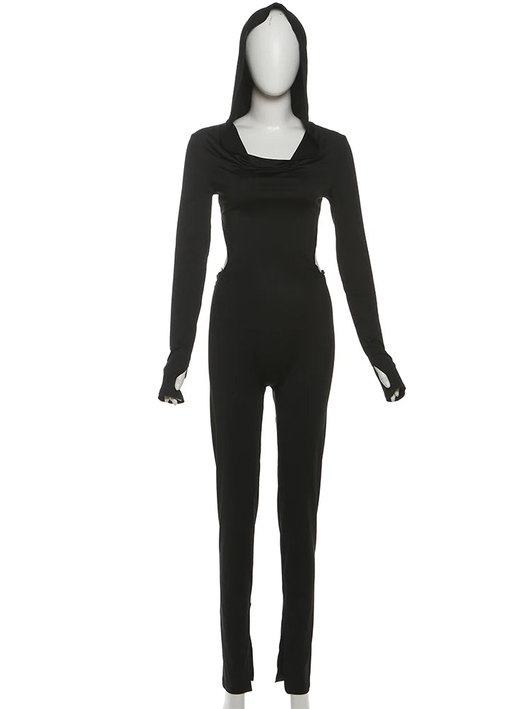 Nibber Backless Hooded Jumpsuits Women Long Sleeve Peach Buttock Slit Solid Skinny Elasticity Autumn Trend Sexy Street Outfits