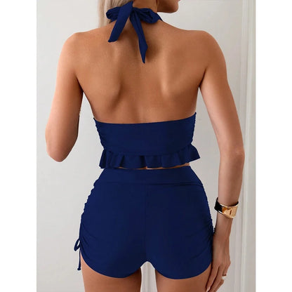 Two Piece Halter Tankini Women Deep V Neck Ruffle Hem Top Drawstring Side Shorts Swimwear