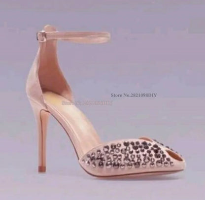 Suede Peep-toe High Heel Ankle Strap Rivets Sandal Women Cut-out Crystal Front High Dress shoes woman Designer Women Pumps