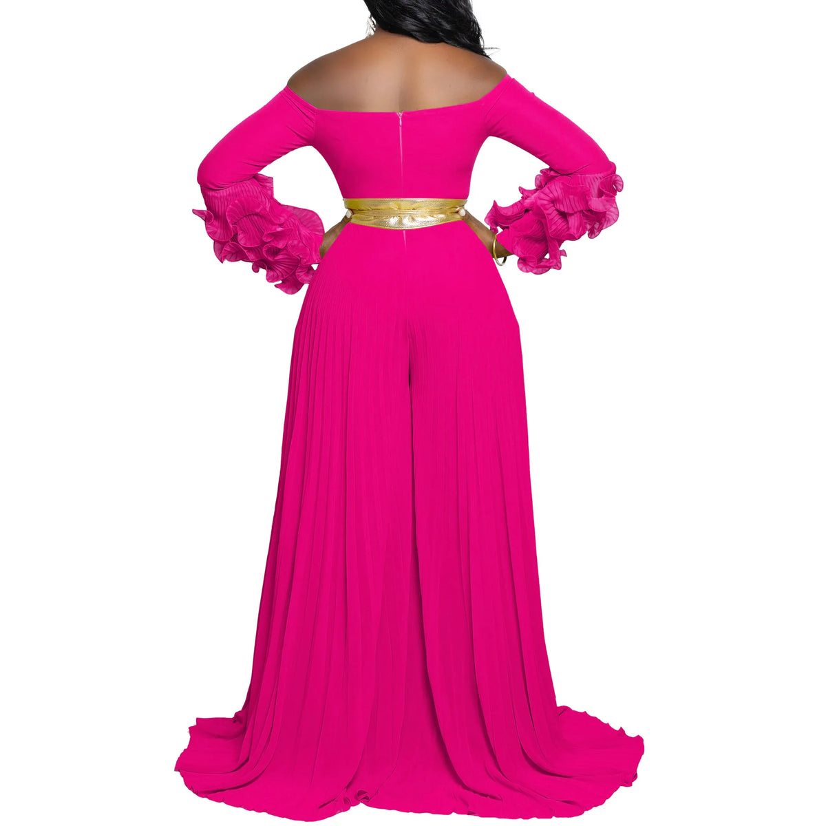 CM.YAYA Women Long Ruffles Sleeve Pleated Slash Neck Wide Leg Long Jumpsuits Party Beach Belt Street Sexy Africa Outfit Rompers
