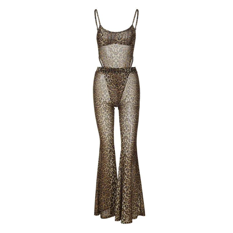 Shestyle Leopard Mesh Sexy Women Two Piece Sets Spaghetti Strap Bodysuit Flare Pants Sheer Brown Sexy Clubwear Waistless Outfit