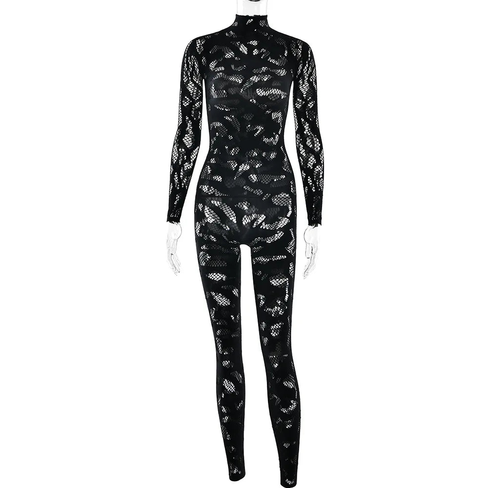 Weird Puss Irregular Hollow Jumpsuit Women Full Sleeve Button Sexy See Through Stylish Stretch Skinny Midnight Activity Overall