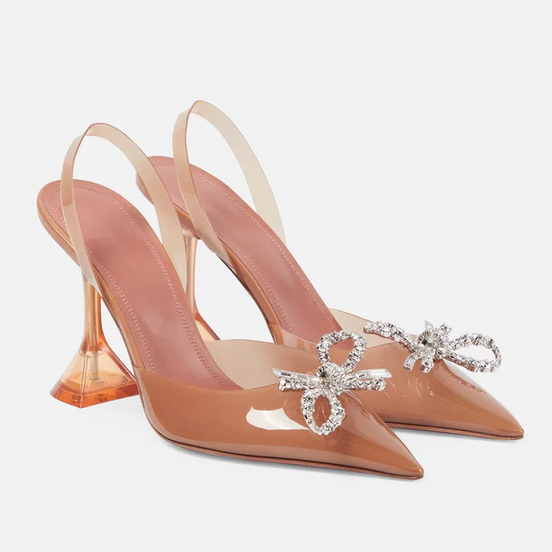 35-45 Fashion Transparent Soft PVC Women Pumps Luxury Rhinestones Bowknot Slingback High heels Spring Summer Wedding Party Shoes