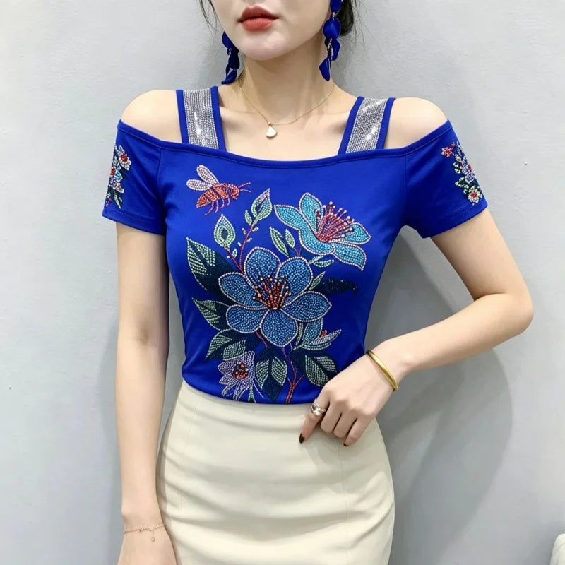 High Quality Elasticity Clothes Fashion T-Shirts Women's Sexy Off Shoulder Shiny Diamonds Mesh Tops Summer Tees Shirt