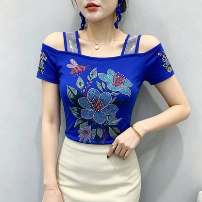 High Quality Elasticity Clothes Fashion T-Shirts Women's Sexy Off Shoulder Shiny Diamonds Mesh Tops Summer Tees Shirt