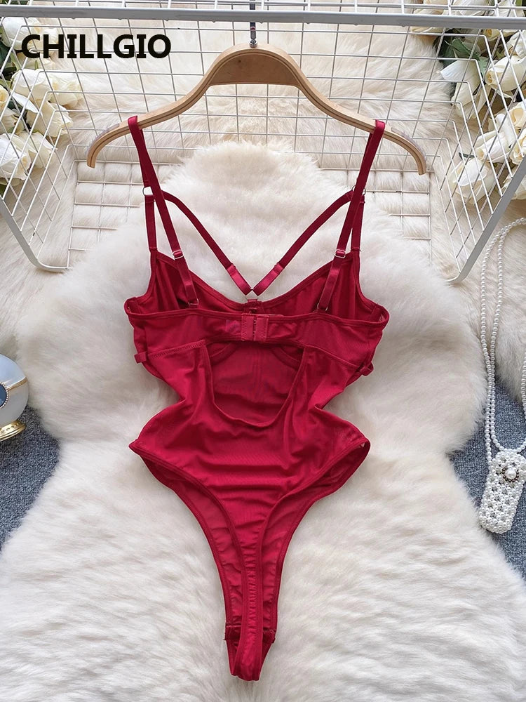 CHILLGIO Women Sexy Lace Strappy Rompers Lingerie One Piece Combination Bodycon Catsuits Sheer Fashion Solid Push Up Bodysuits