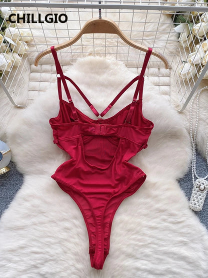CHILLGIO Women Sexy Lace Strappy Rompers Lingerie One Piece Combination Bodycon Catsuits Sheer Fashion Solid Push Up Bodysuits