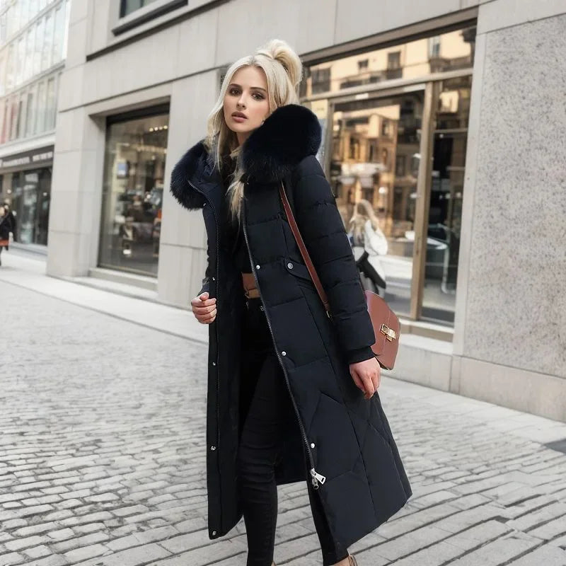 Women's Winter Windproof Warm Solid Parkas Coats Fashion Casual Hooded Long Sleeve Pockets Simple Elegant Slim Long Coats Female