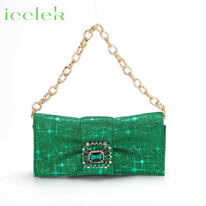 Women High Heels Sandals Shinning Material with Rhinestone Italian Design T.Blue Color Pointed Toe Shoes and Bags Set