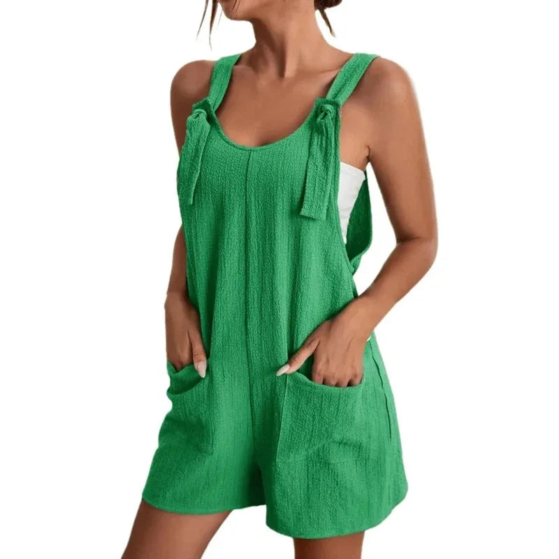 Women's Casual Summer Short Rompers Loose Overall Solid Sleeveless Lace up Wide Leg Pant Tie Knot Strap Jumpsuits with Pockets