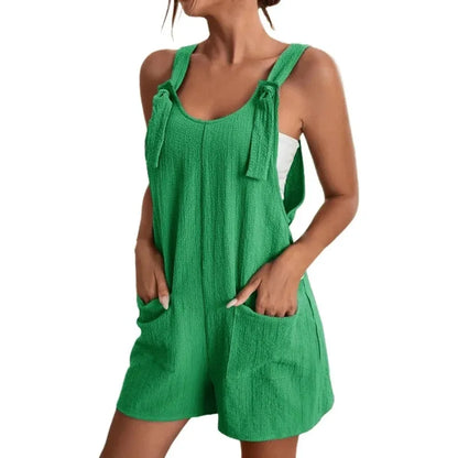 Women's Casual Summer Short Rompers Loose Overall Solid Sleeveless Lace up Wide Leg Pant Tie Knot Strap Jumpsuits with Pockets