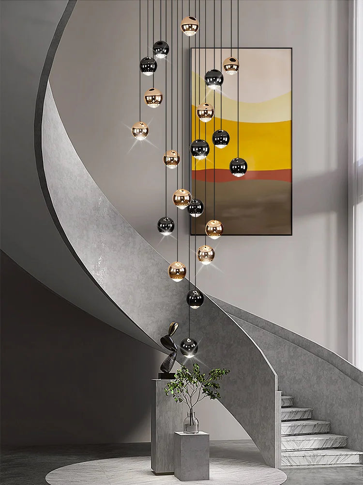 Nordic Circular Chandelier Indoor Lighting Modern Chandelier Gold And Black Mixed High Loft Chandelier LED Staircase Chandelier