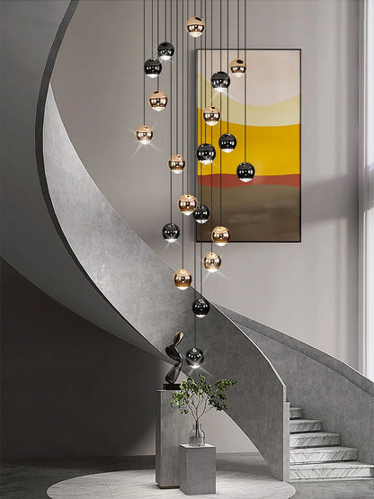 Nordic Circular Chandelier Indoor Lighting Modern Chandelier Gold And Black Mixed High Loft Chandelier LED Staircase Chandelier