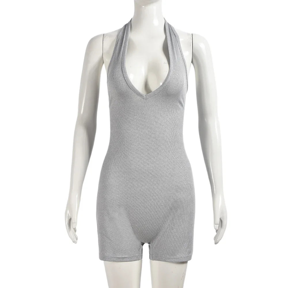 2026 New Arrival Women Black Halter Neck Romper, Deep V Neck Backless Short Jumpsuit, Y2K Sexy Bodycon Playsuit for Club Party