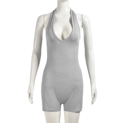 2026 New Arrival Women Black Halter Neck Romper, Deep V Neck Backless Short Jumpsuit, Y2K Sexy Bodycon Playsuit for Club Party