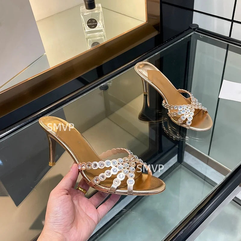 Summer 2026 Women's Pink Crystal High Heels Diamond-Encrusted Slim Heel Sandals for Outdoor Weddings Parties Fashionable Ladies'