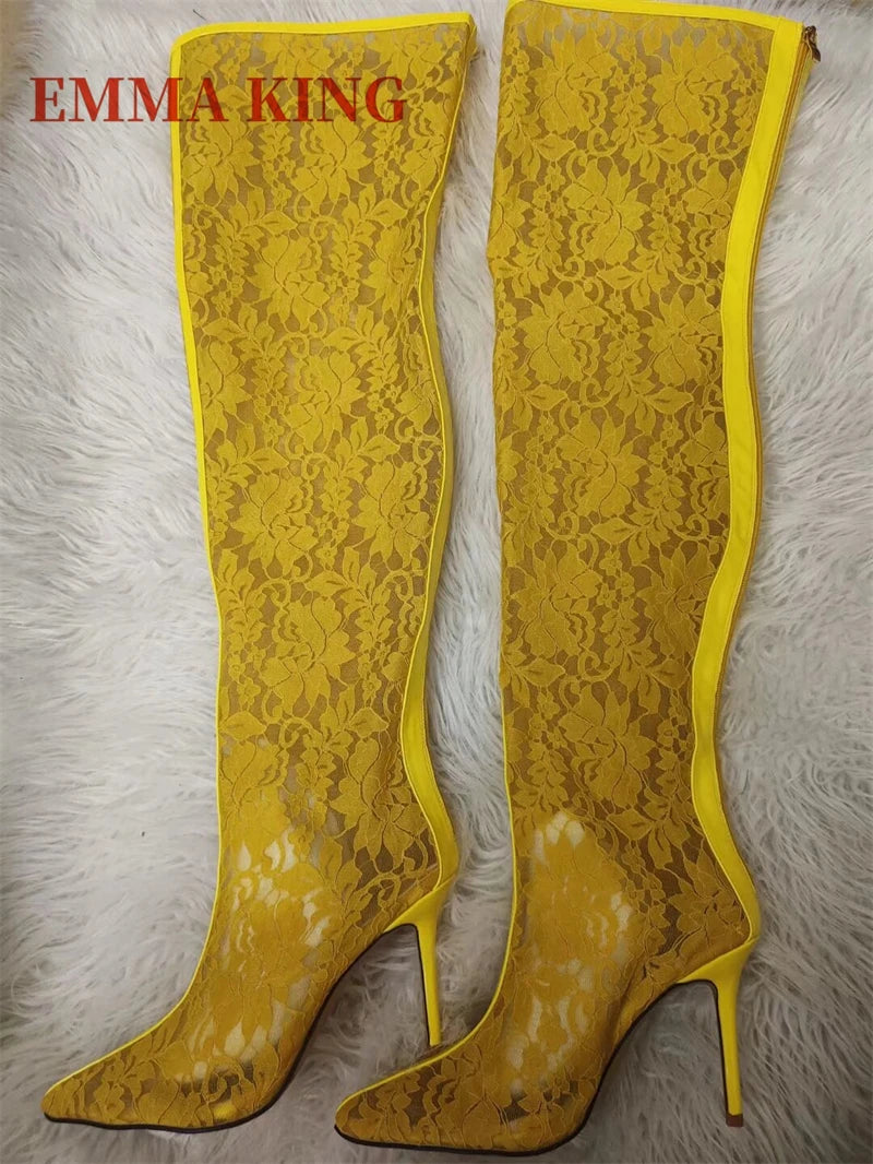 Spring Women Lace With PVC Thigh High Boots Sexy Pointed Toe Stiletto High Heels Transparent Over The Knee Boots Bigger Size 44