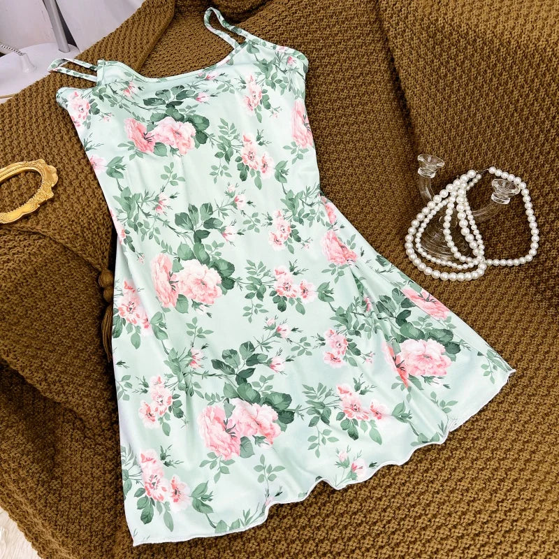 FINETOO Summer Teddy Bear Sleepwear Women Seamless Hearts Butterfly Floral Printed Sleeveless Ruffled Loungewear Cute Nightdress