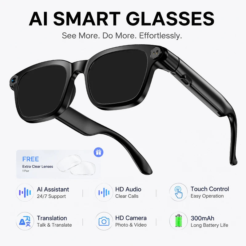 2026 New Smart Glasses 800W HD Camera Video Record AI Assistant Touch Control Translation HD Audio 300mAh Battery Smart Glasses