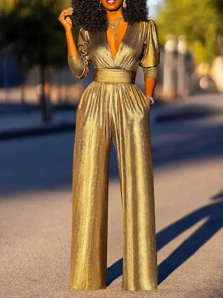 Uoozee Female Fashion Sexy Deep V-neck High Waisted Wide Leg Jumpsuits 2025 New Long Sleeves Solid Color Loose Party Outfits