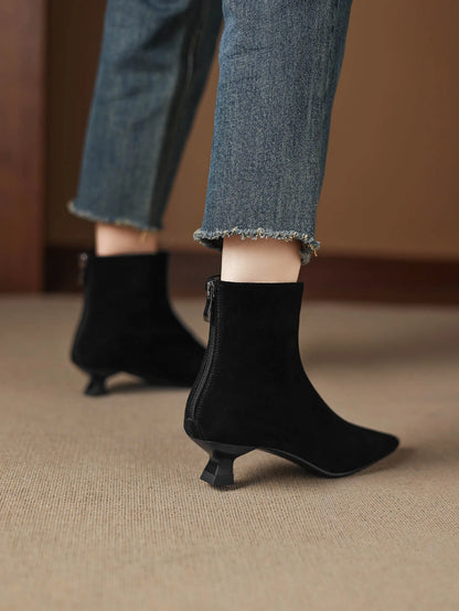 Plus Size 34-42 Genuine Leather Pointed Toe Med Heels Zipper Modern Boots Winter Autumn Shoes Concise Elegant Dress Ankle Boots