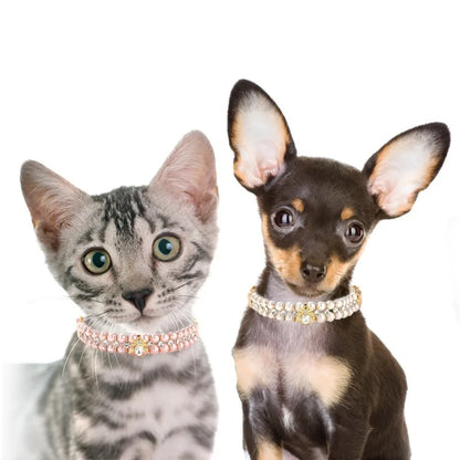 Adjustable Dog Cat Pearl Collars Rhinestone Bling Crystal Cat Necklace Luxury Jewelry PU Neck Strap for Small Dogs for Kitten