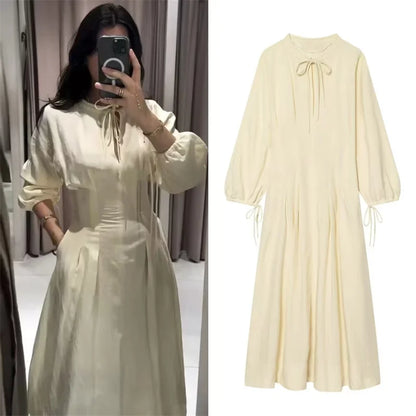 Women's Dress 2026 Summer New Beige Long-Sleeve Loose Tie-Decorated Long Dress Elegant and Graceful Beach Vacation
