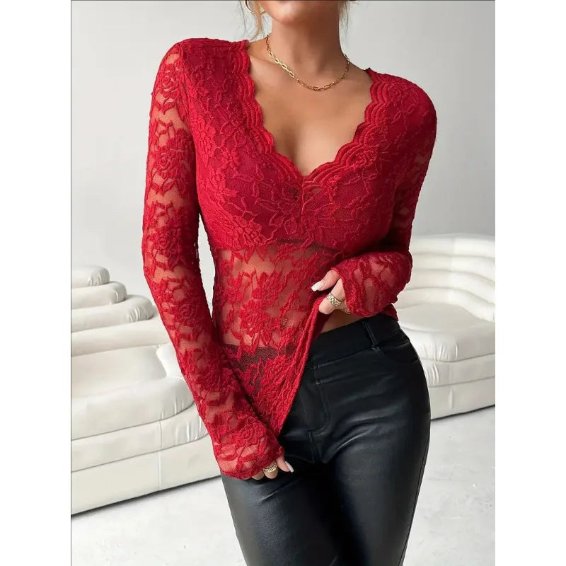 Women Lace V Neck Long Sleeve Sheer Mesh Floral Lace Top Slim Fit See Through Bodycon Jumpsuit for Party Clubwear Daily Wear