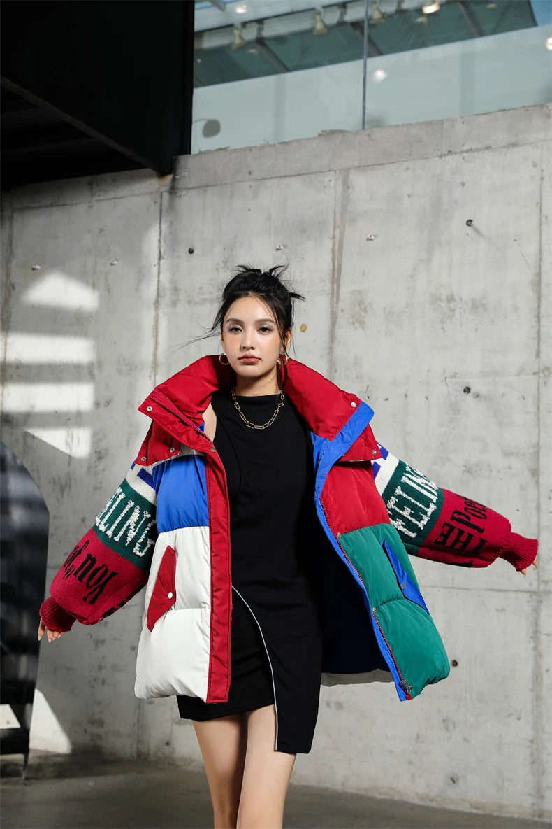 Streetwear Letter Stitching Fashion Down Jacket Women's New Hooded Parka Loose Winter Down Coat Female Thick Casual Warm Clothes