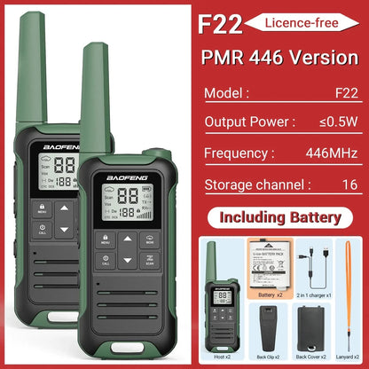 2PCS Baofeng F22 T22 PMR 446MHz Mini Walkie Talkie Waterproof Type-C Licence-free Flashlight Portable Two Way Radio for Hunting