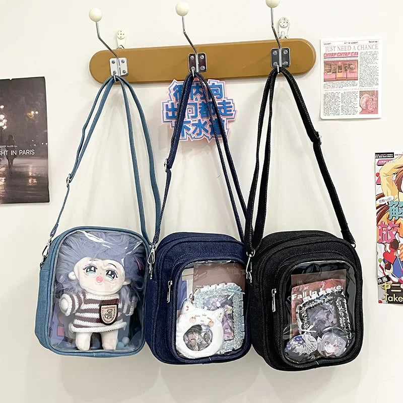New Denim Ulzzang Ita Bags Female Transparent Badge Doll Show Crossbody Shoulder Bag Individuality Designer 2 Sides Bolso Mujer