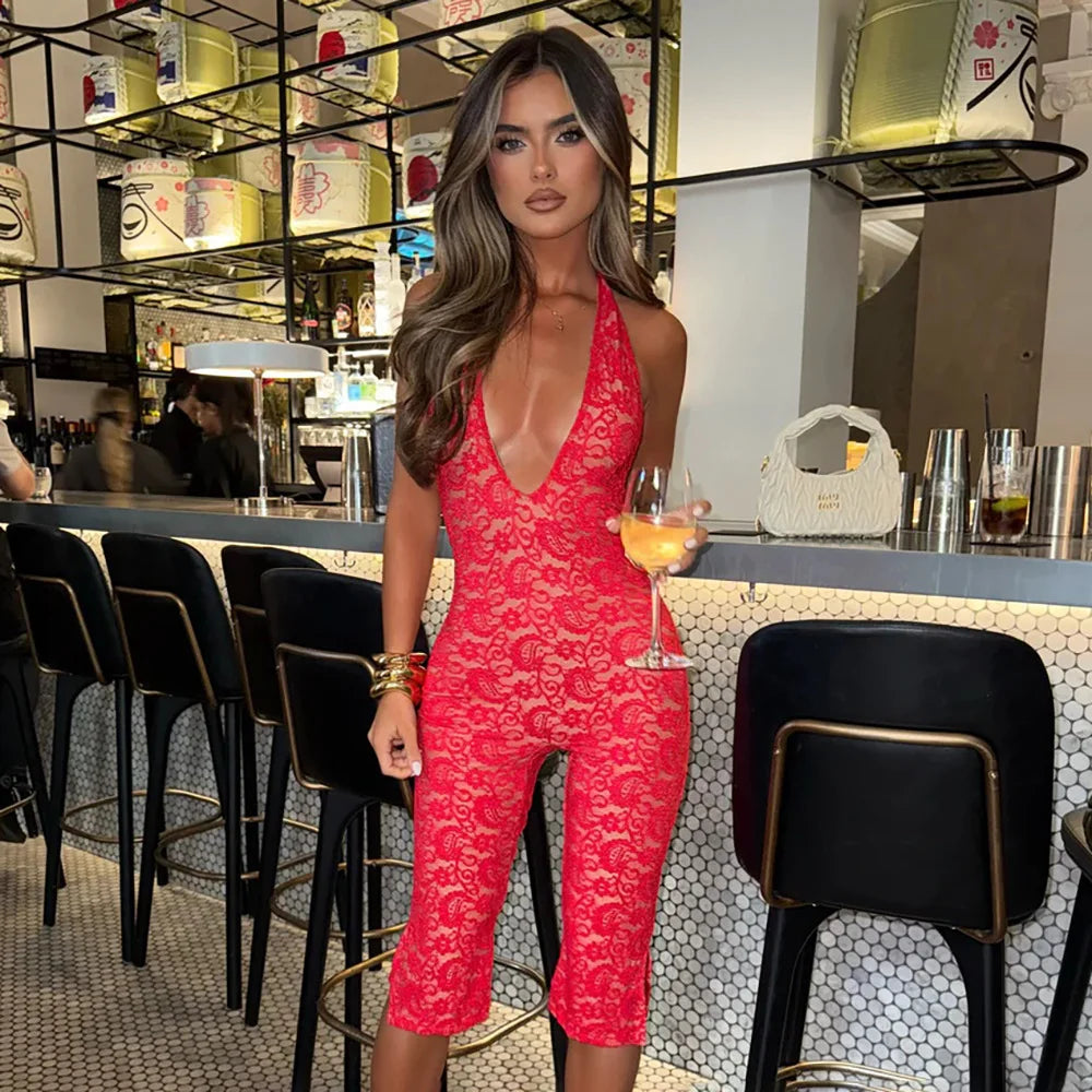 Avrilyaan Lace Seven-Point Long Pants Bodycon Sexy Party Deep V Playsuits Women Rompers Womens Jumpsuit 2025 Summer Overalls