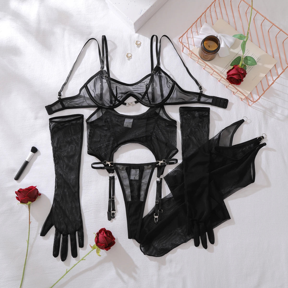 Ellolace Solid Women's Lingerie Sets Seductive See Through Bra Belt Thong 3PC with Gloves Stockings Sissy Sexy Women's Underwear