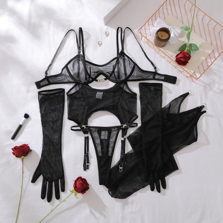 Ellolace Solid Women's Lingerie Sets Seductive See Through Bra Belt Thong 3PC with Gloves Stockings Sissy Sexy Women's Underwear