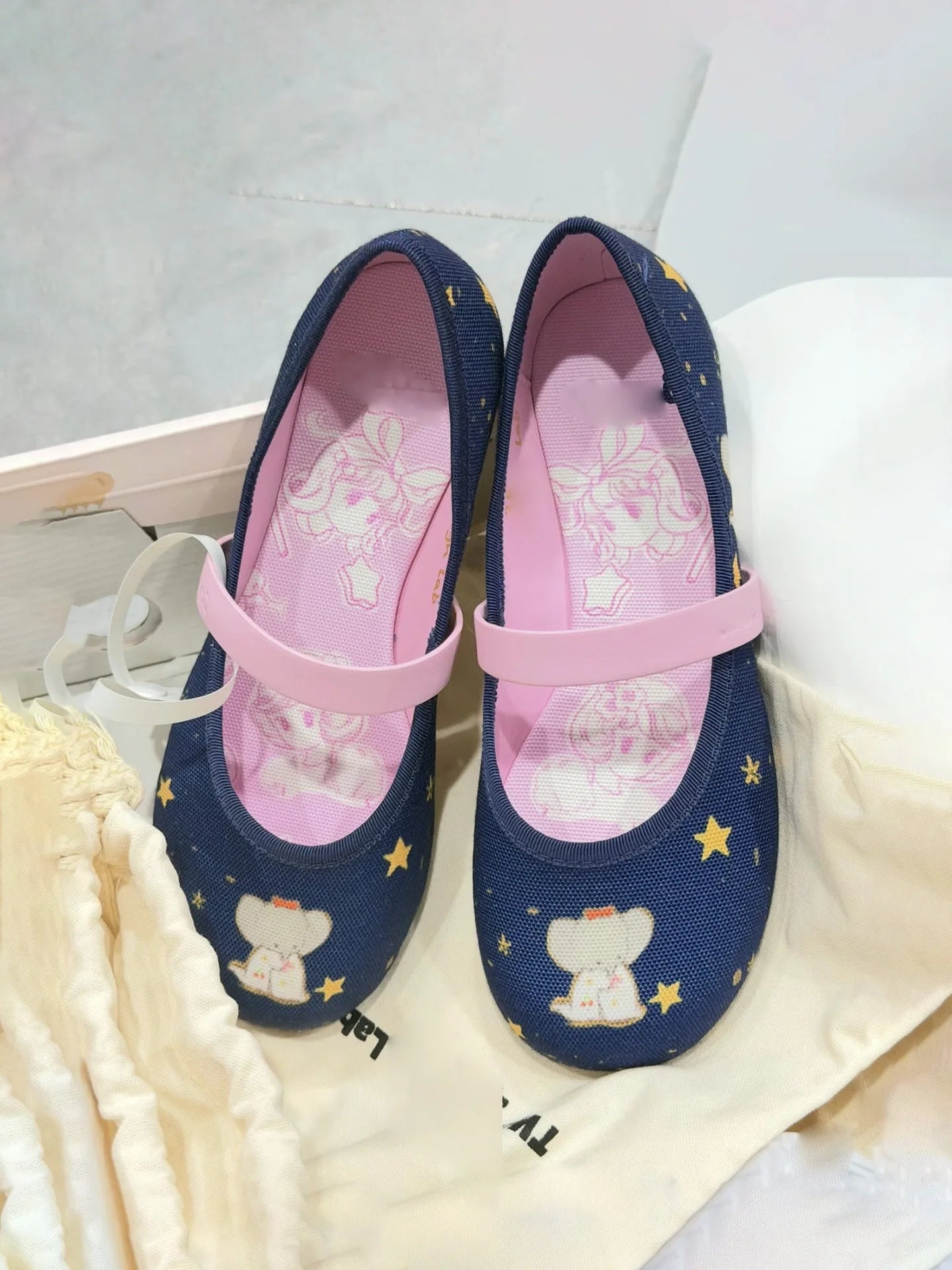 Denim Elephant Print Mary Jane Shoes For Women, Round Toe, Flat Ballet Shoes With a Shallow Neckline