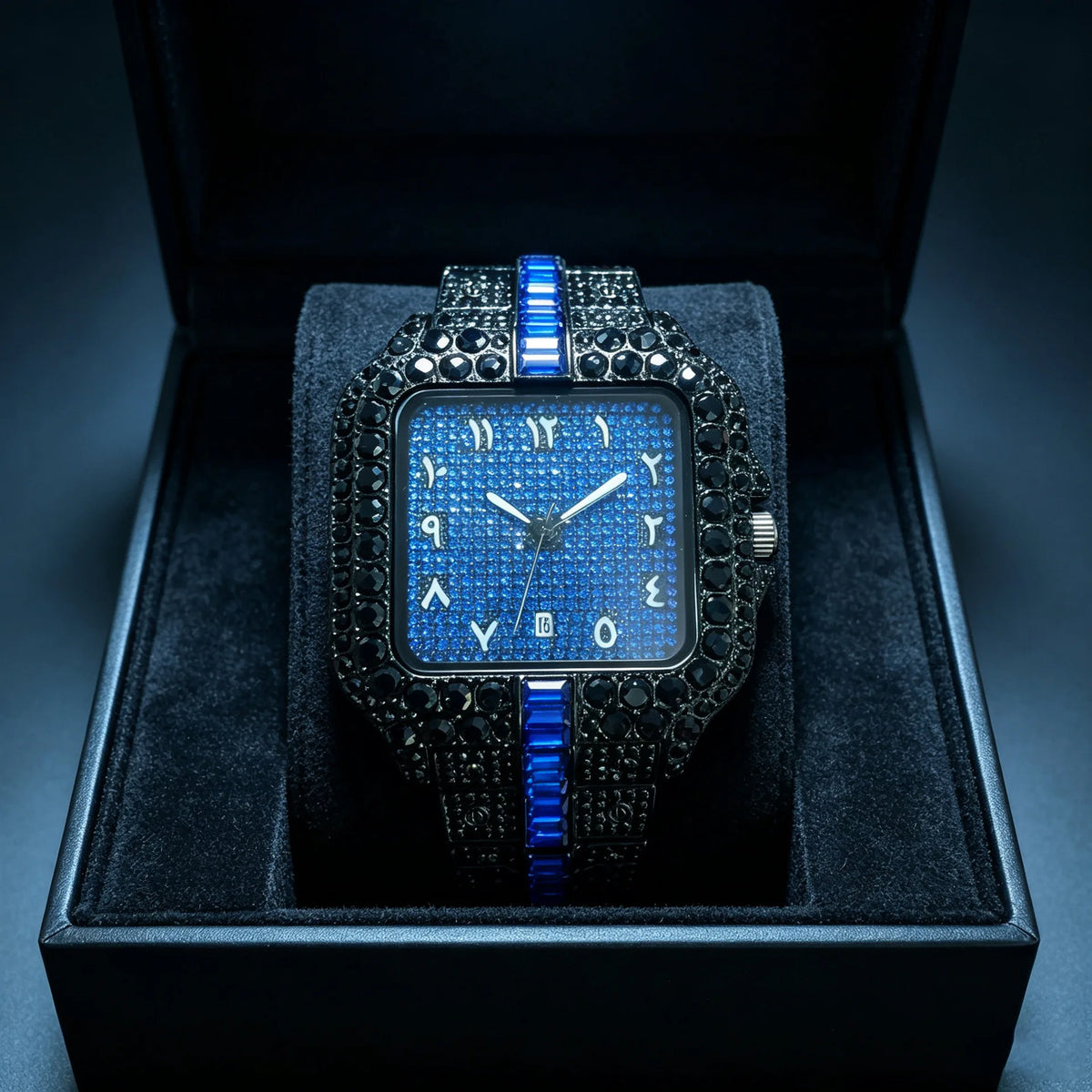European Full Diamond Men's Quartz Watch with Waterproof Square Case and Hot Fashion Fold Clasp Style