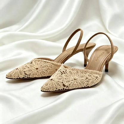 Luxury Embroidered Woven Slingback Heels for Women High-quality Faux Suede Stiletto Sandals Elegant Pointed-toe Designer Shoes