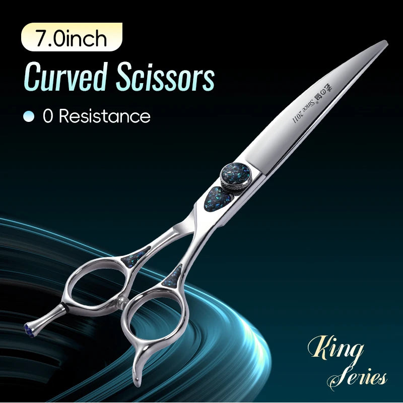 Fenice King Series 7/7.5Inch VG10 Shell Bearing Screws Dog Trimming Grooming Straight Curved Thinner Chunker Pet Scissors Tools