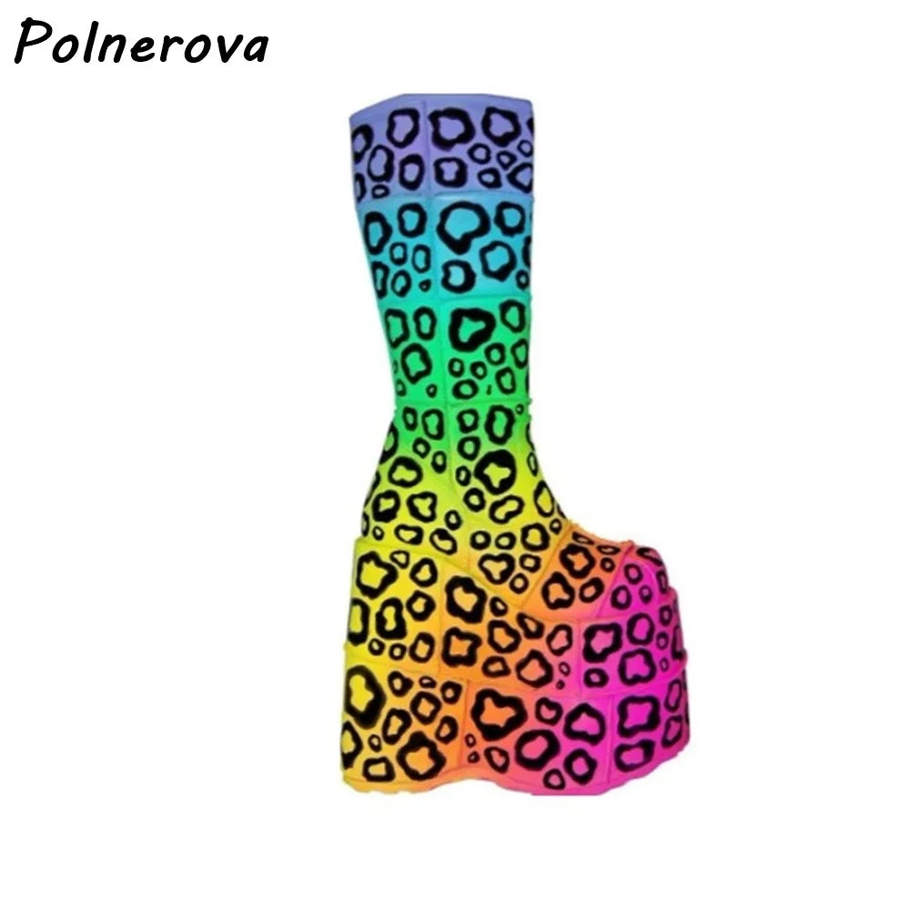 Double Platform Knee High Boots Rainbow Patchwork Round Toe Thick Soled Women's Shoes Women's Fashion Sexy Leather Winter Boots