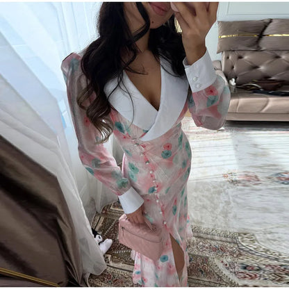 Women Printed V Neck Long Dress Flared Sleeve Lotus Leaf Edge High Waist Slim Fit Maxi Dresses Lady Elegant Evening Party Dress