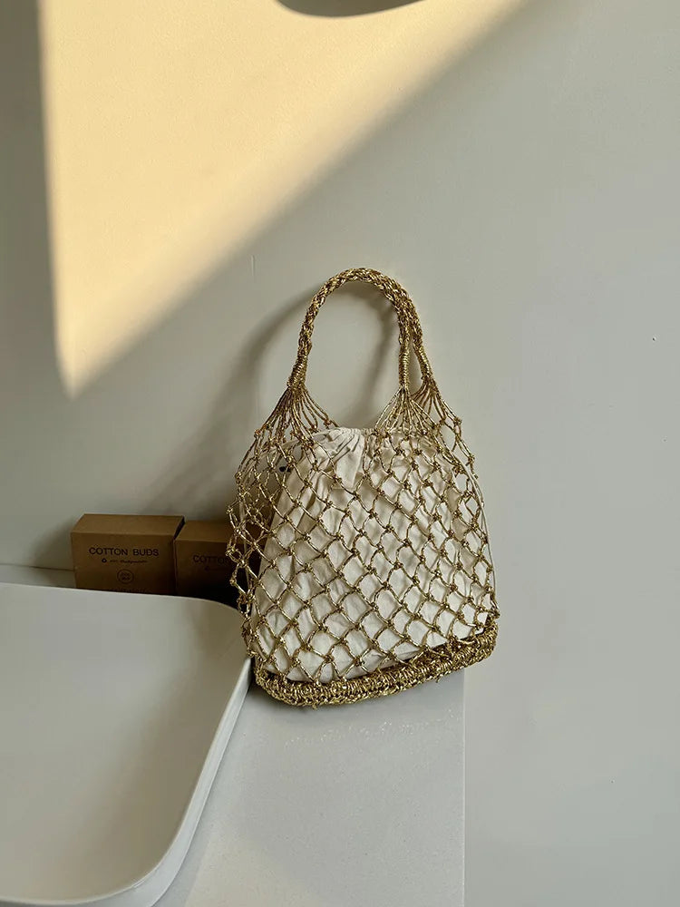 Hylhexyr Ins New Solid Color Gold and Silver Thread Handmade Weaving Bag Bucket Shaped Fashion Handbag Beach Bags