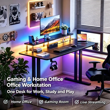 RGB Gaming Desk with Adjustable LED Lights, Carbon Fiber Surface, Detachable Monitor Stand & Built-in Power Strip, Home Office Computer Gaming Table with Cup Holder Headset Hook for Streaming Work Game