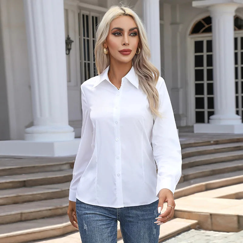 Women Elegant Solid Button Shirt Chiffon Blouse Spring Summer Casual Solid Long Sleeve Turn Down Collar Tunics OL Shirt Tops
