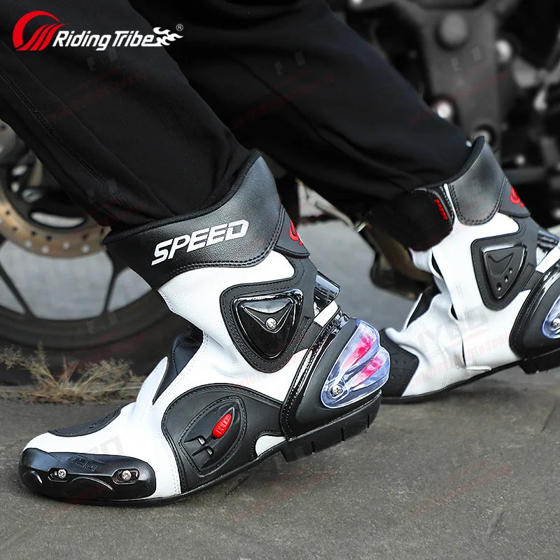 Men Women Motorcycle Boots Microfiber Leather Motorbike Riding Shoes, Anticollision Ankle Protective Moto Racing Short Boot A004