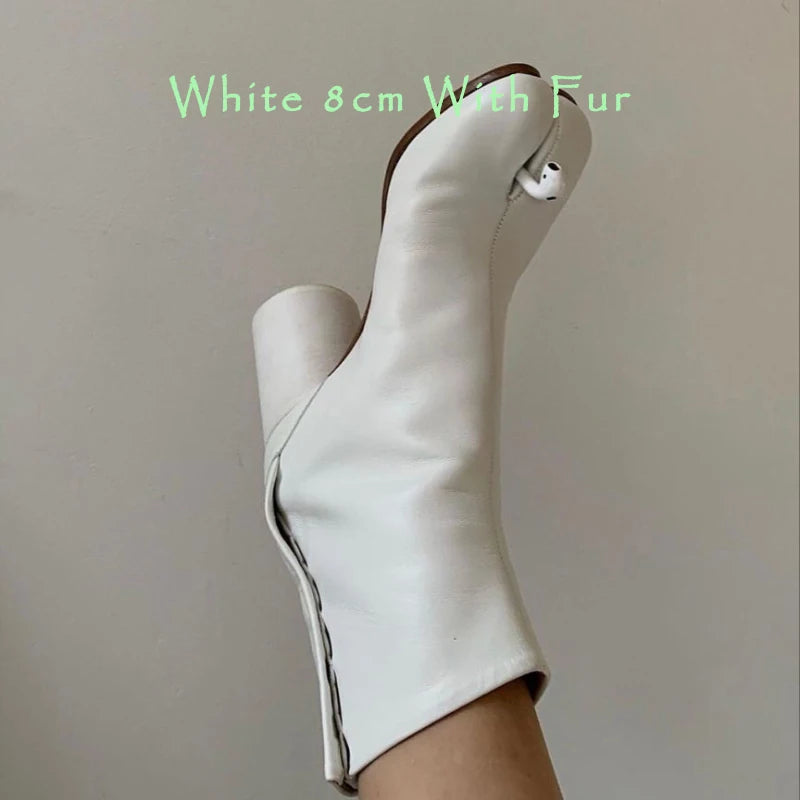 Split Toe Chunky Heels Ankle Boots Women Brand Designer Tabi Short Boots Autumn Winter INS Style Genuine Leather Female Shoes